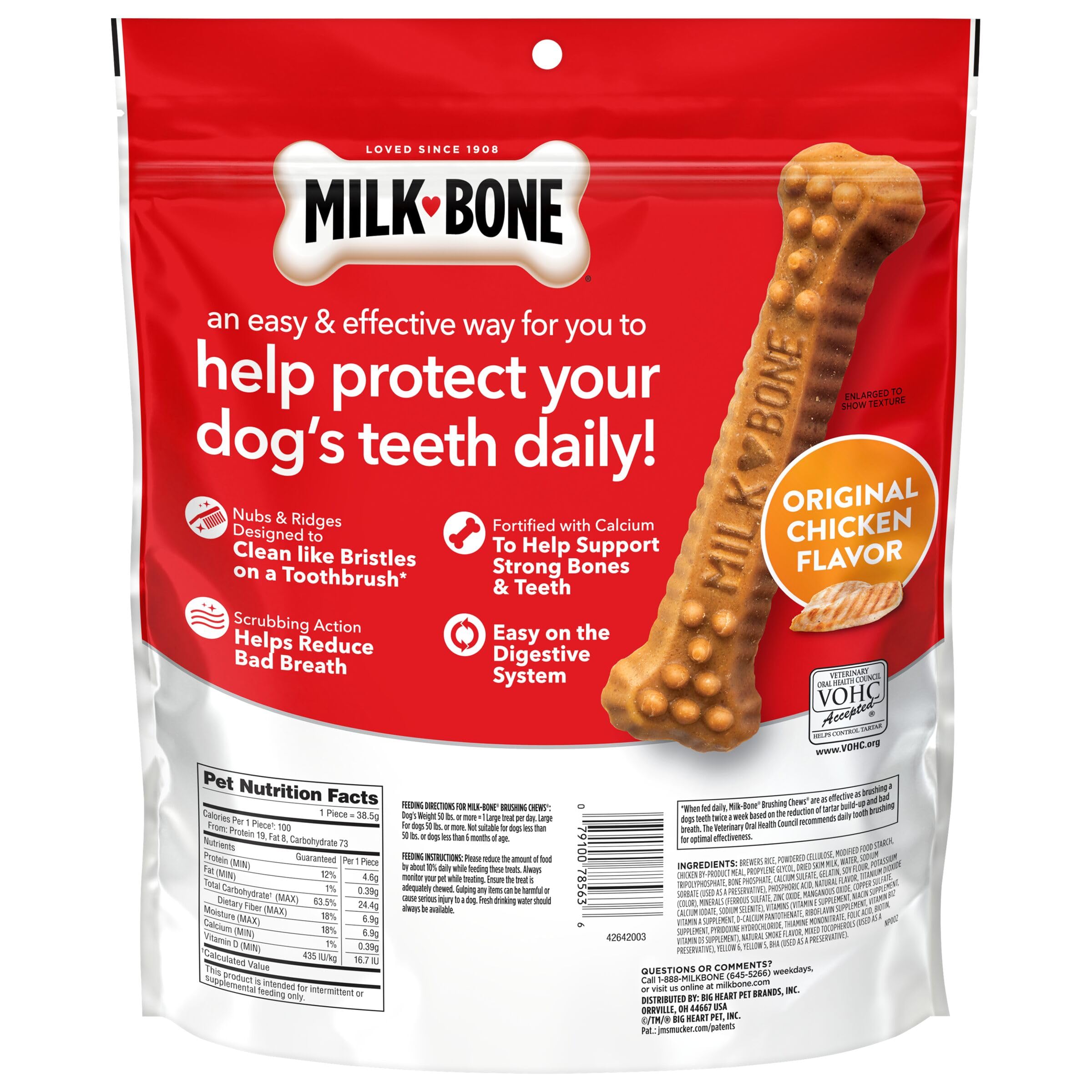 Milk-Bone Brushing Chews calcium-rich formula supports bones and teeth.