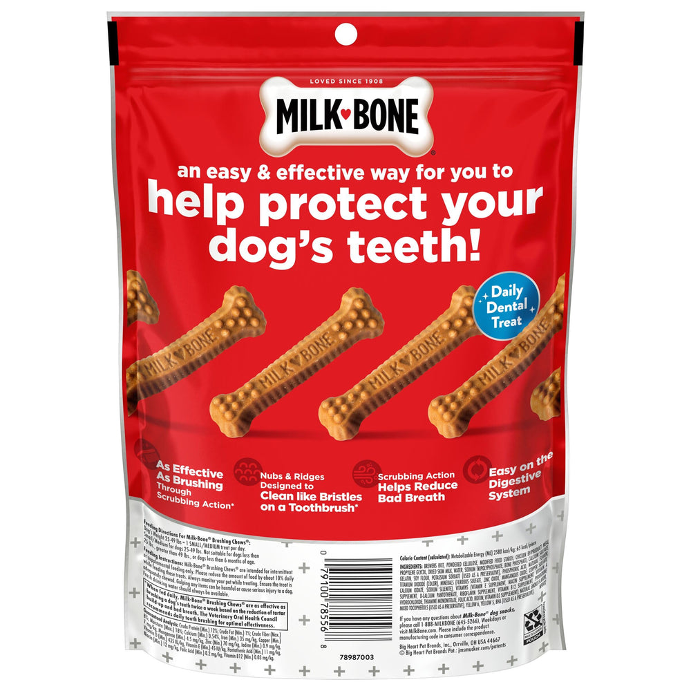 Milk-Bone Brushing Chews fortified with calcium to support bones and teeth.