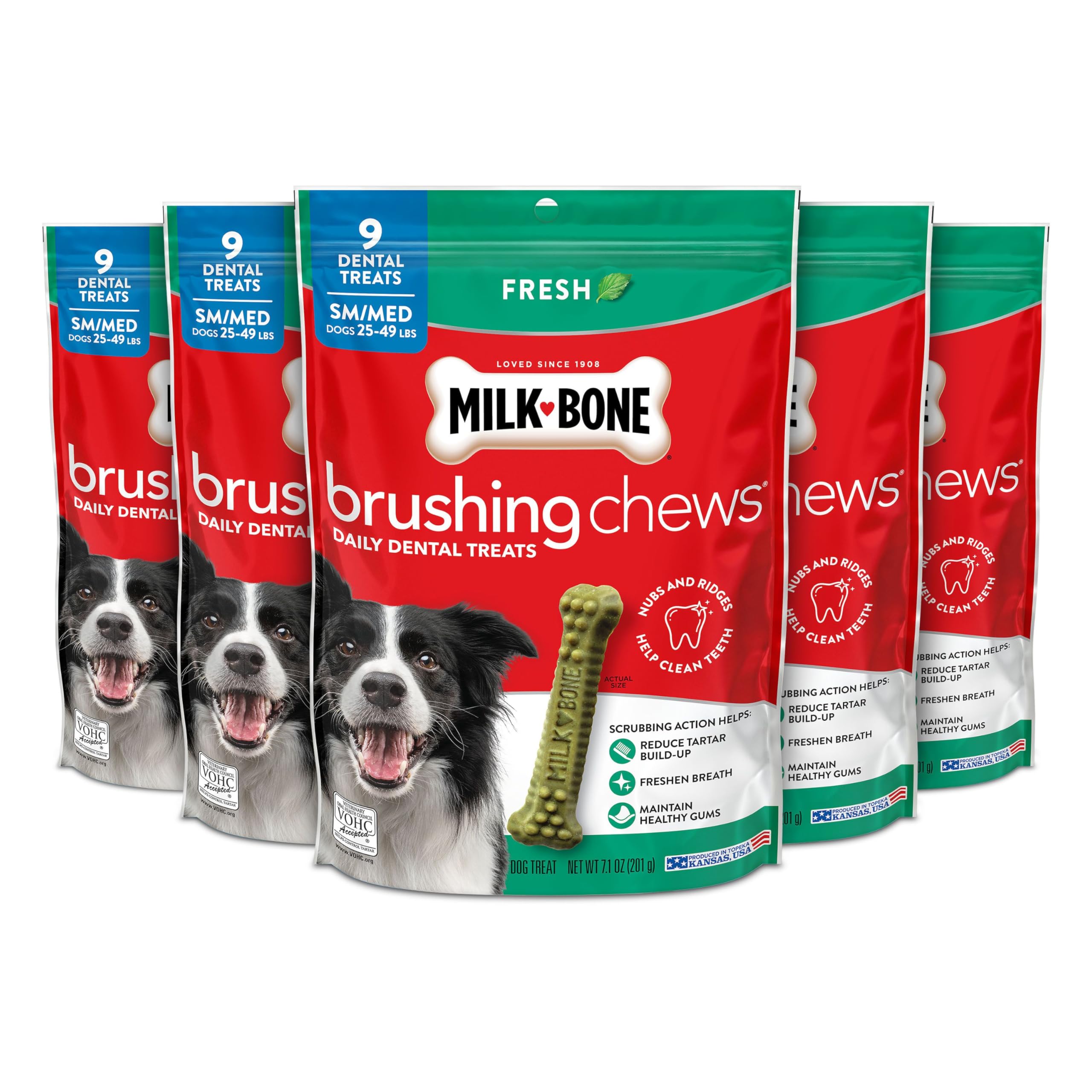 Milk-Bone Brushing Chews bag front for daily dental care.