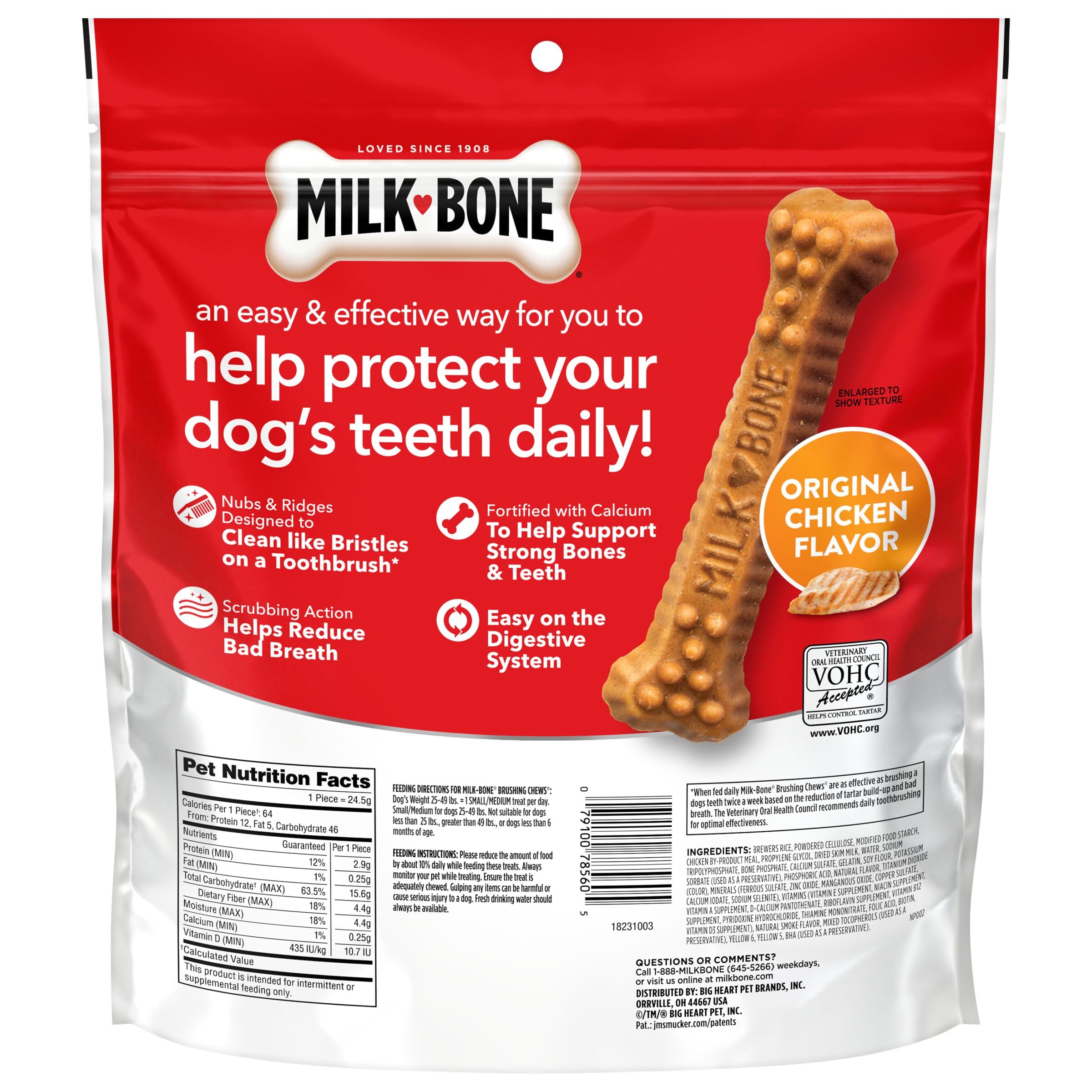 Milk-Bone Brushing Chews open bag reveals chicken flavor aroma.