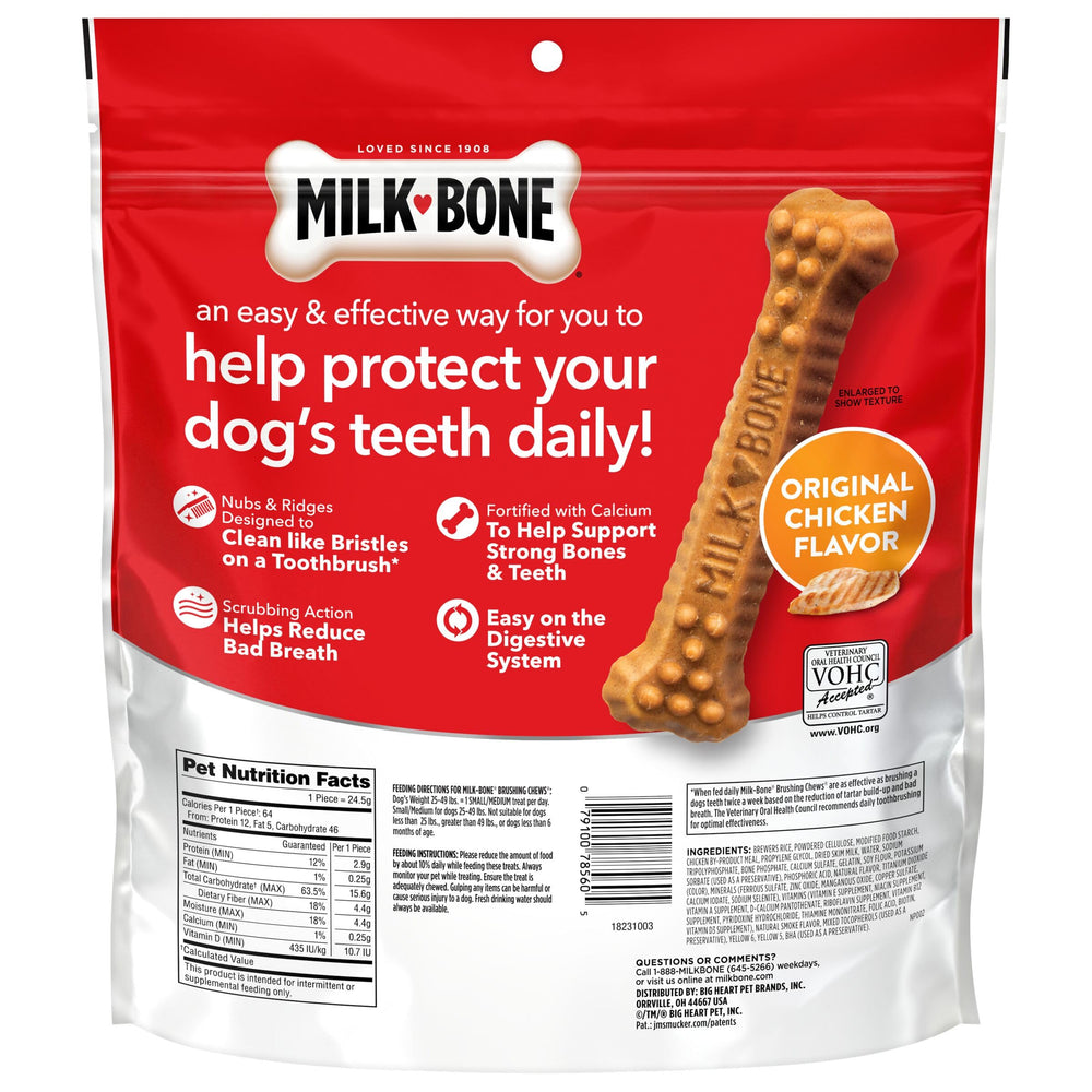 Milk-Bone Brushing Chews open bag reveals chicken flavor aroma.