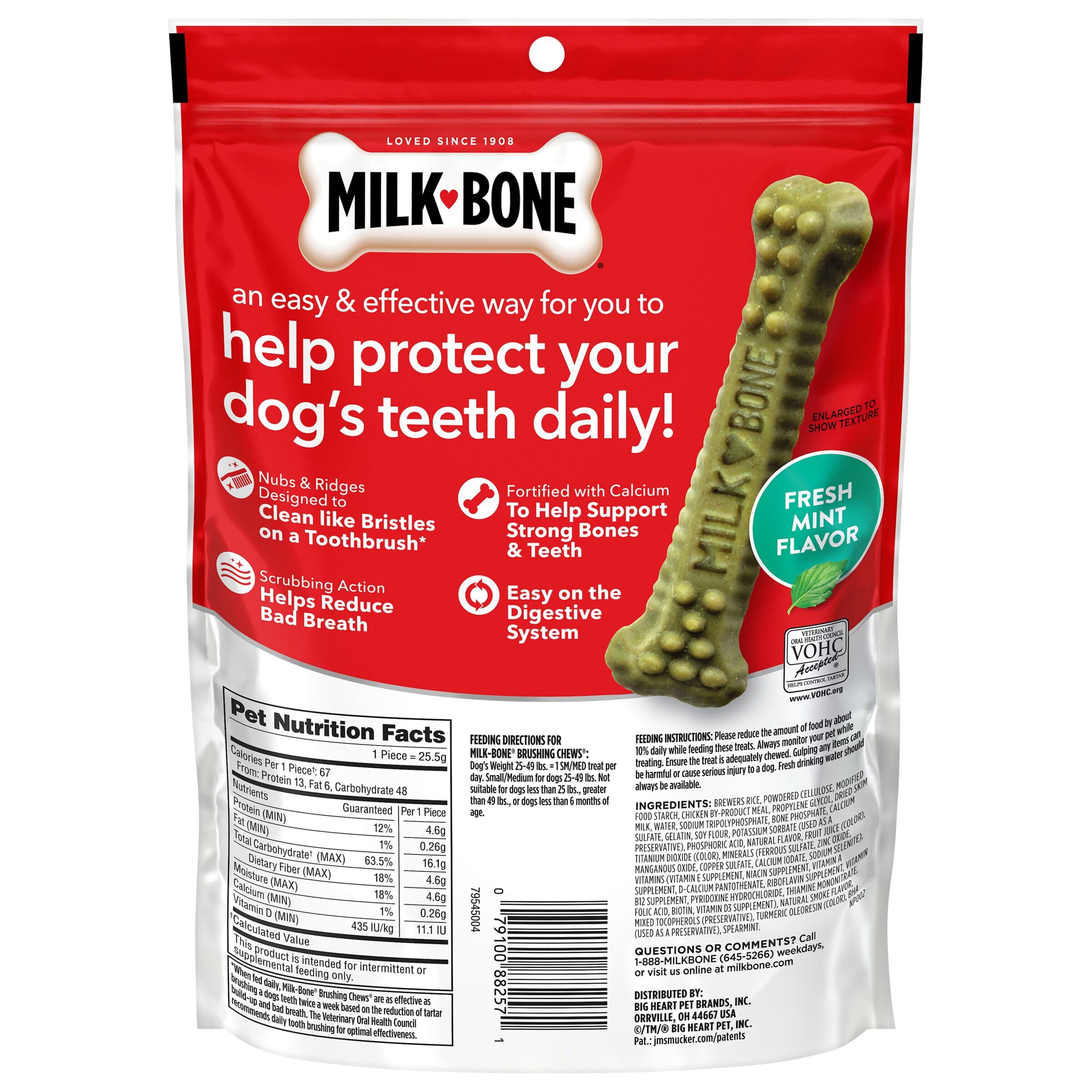 Milk-Bone Brushing Chews calcium-enriched formula supports healthy teeth and bones.