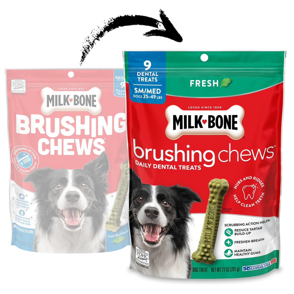 Milk-Bone Brushing Chews close-up shows nubs and ridges for teeth cleaning.