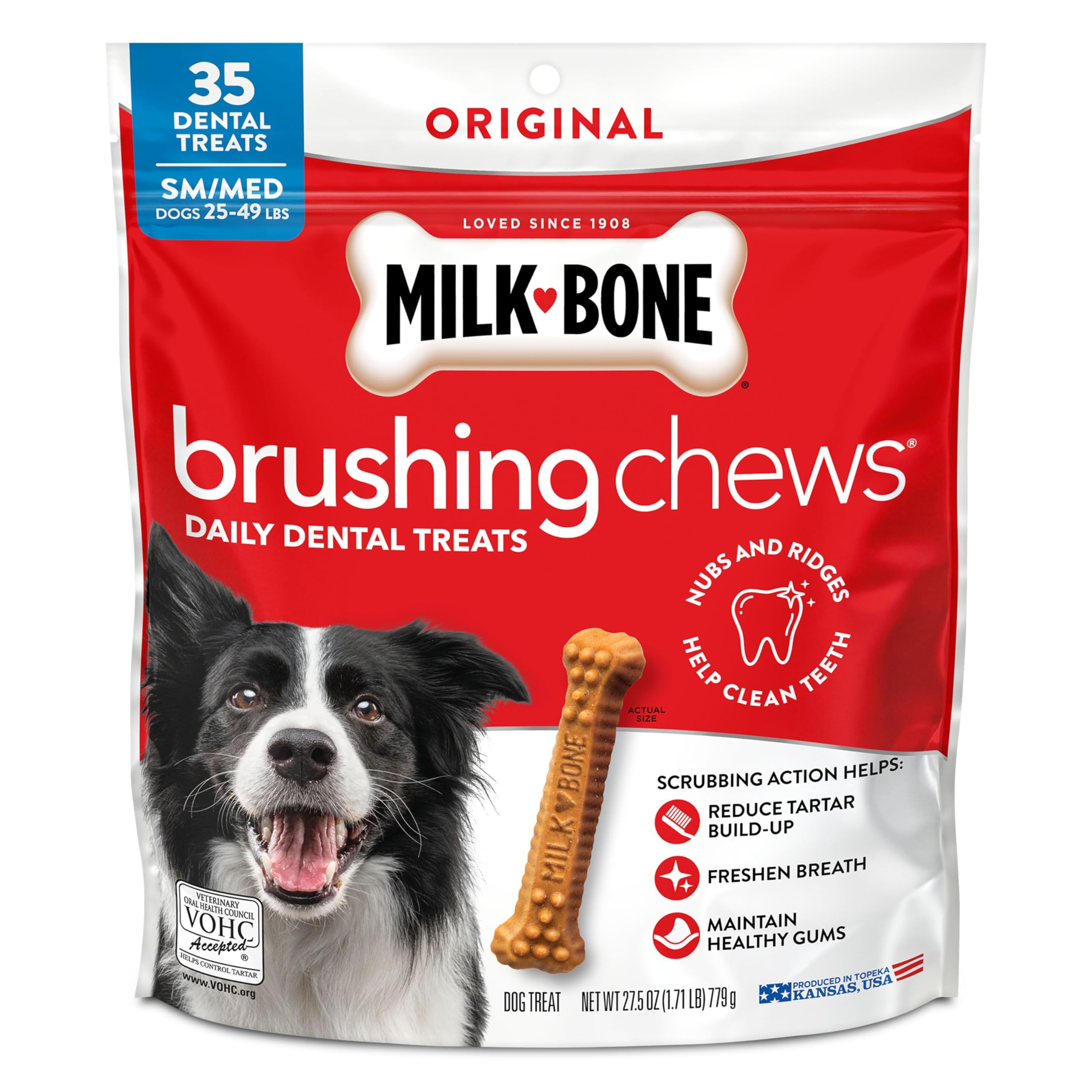 Milk-Bone Brushing Chews pack supports daily dental care for dogs.