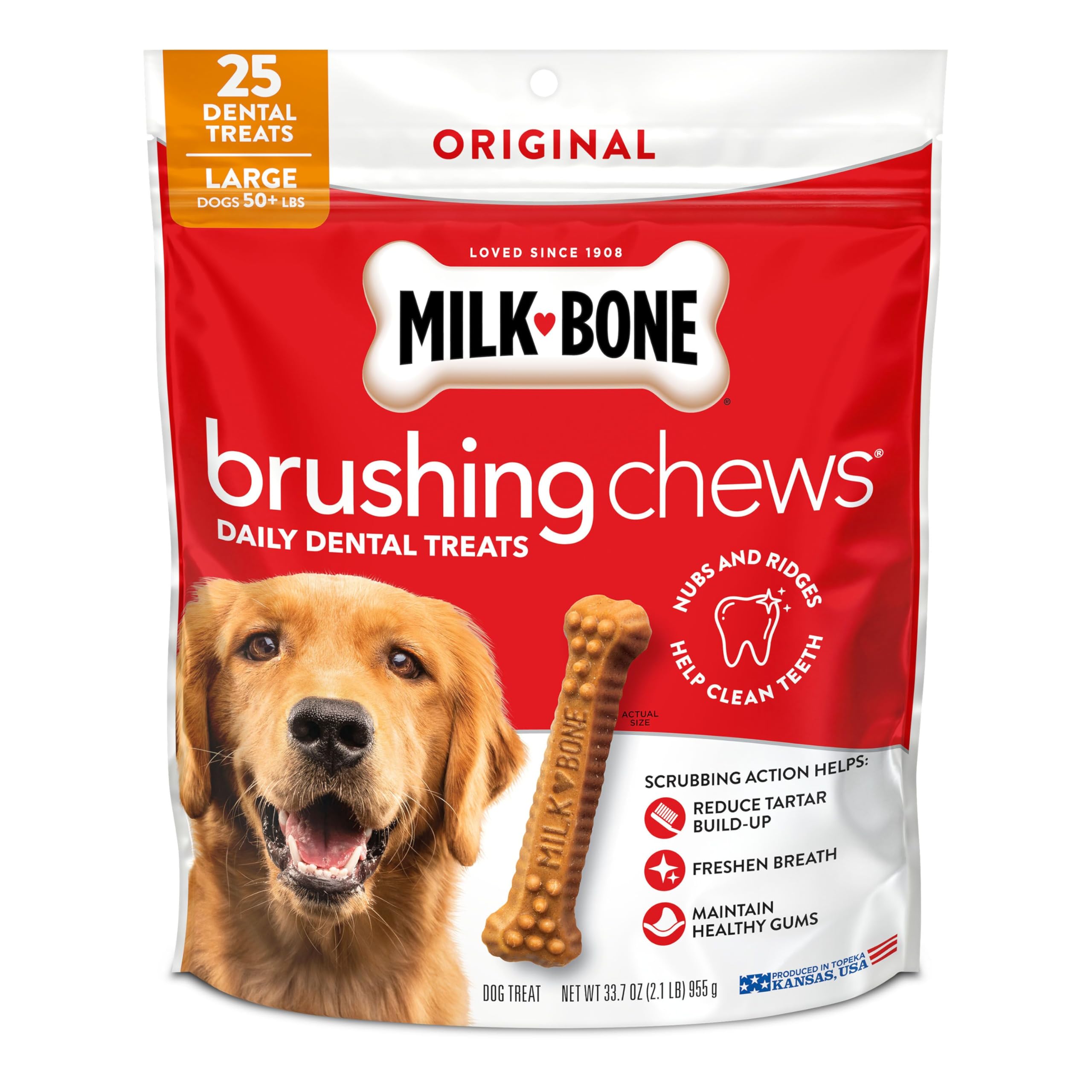 Milk-Bone Brushing Chews packaging label for Original Chicken flavor, daily dental care.
