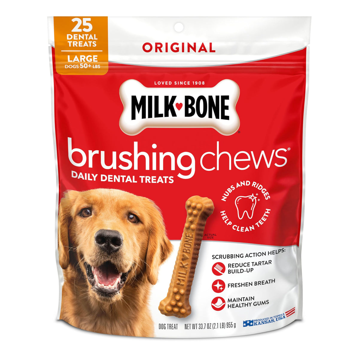 Milk-Bone Brushing Chews packaging label for Original Chicken flavor, daily dental care.