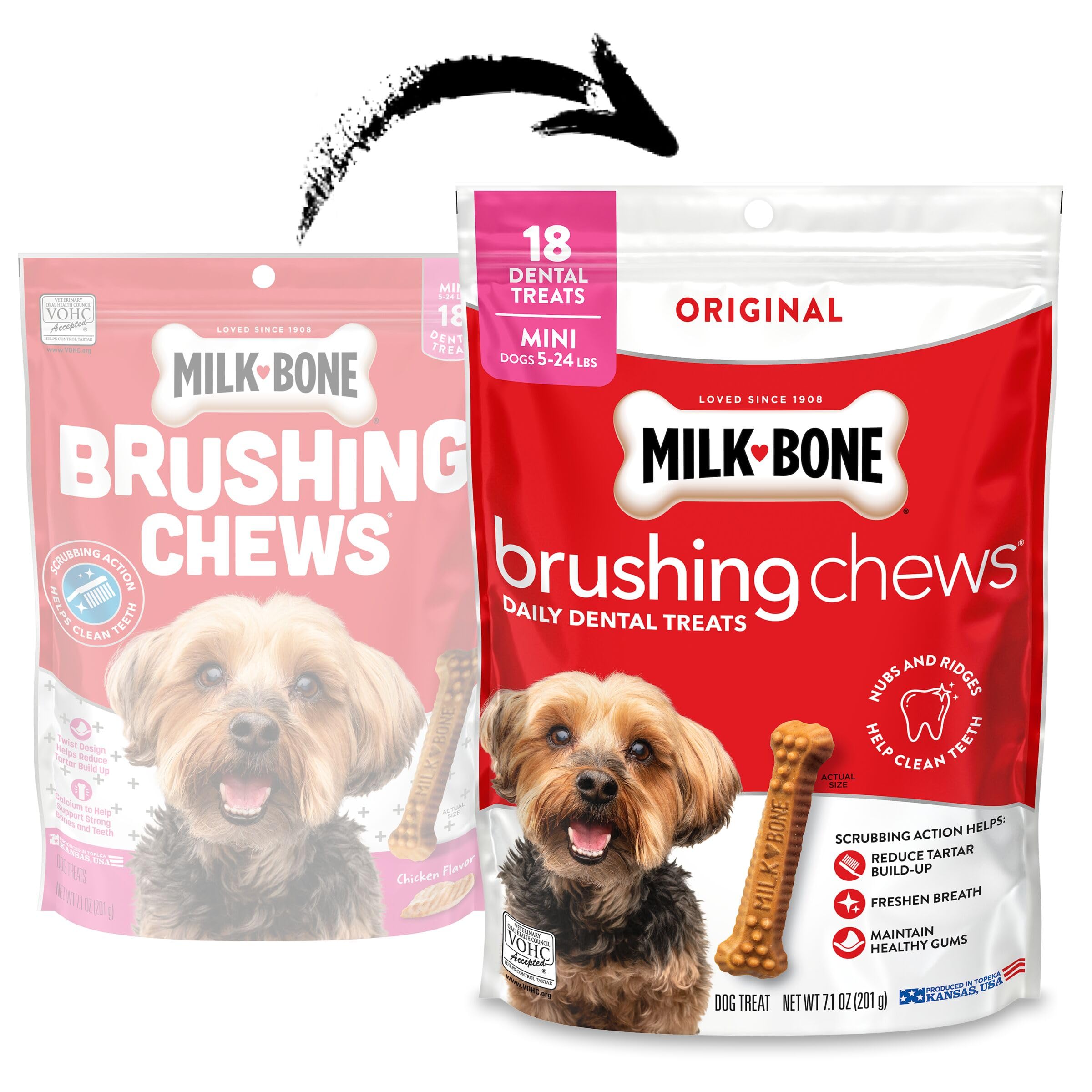 Milk-Bone Brushing Chews twist-design nubs aid daily dental cleaning.