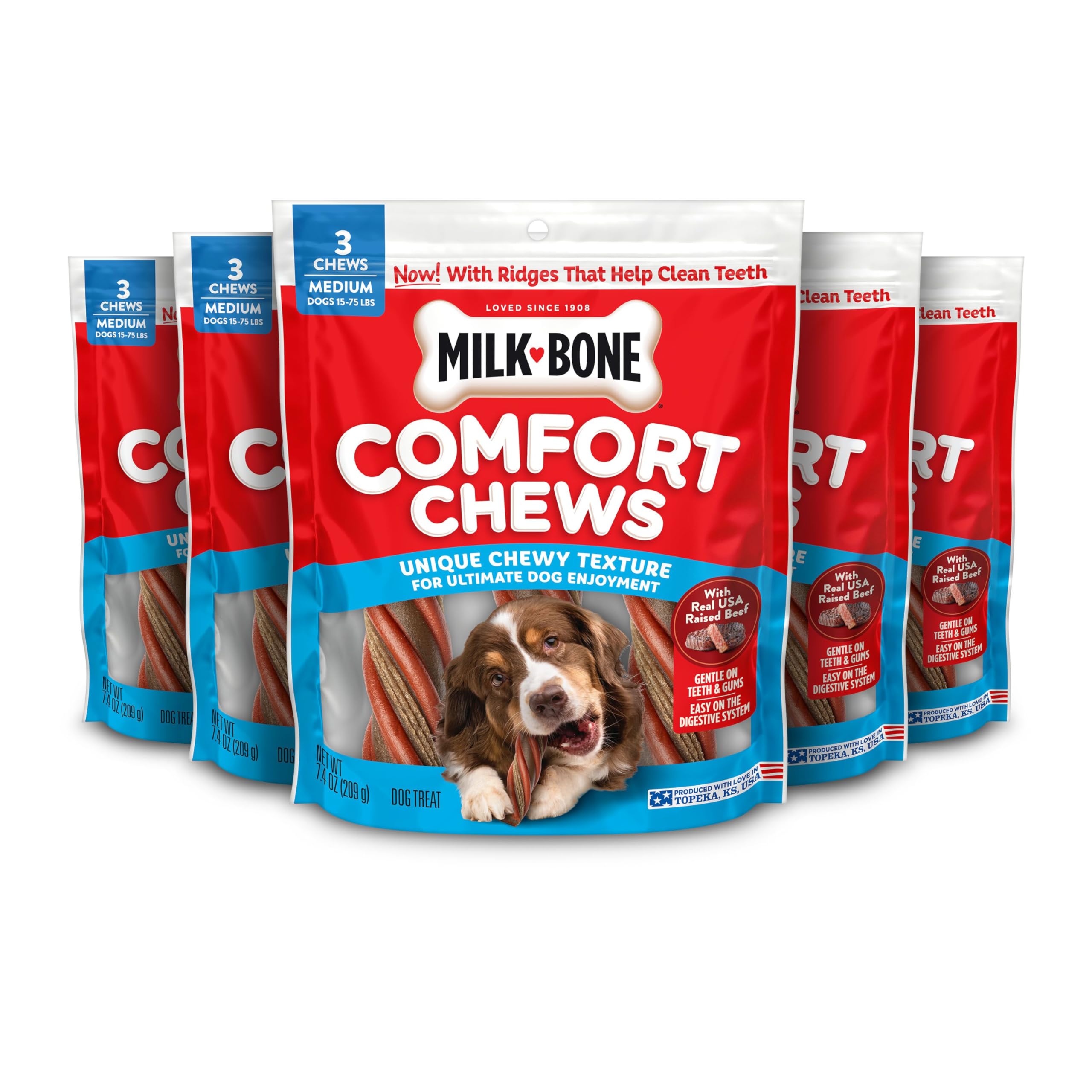 Milk-Bone Comfort Chews bag pack shows five 7.4-oz bags for long-lasting treats.