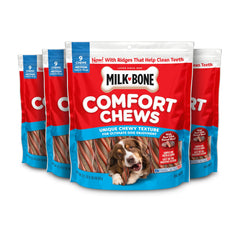 Milk-Bone Comfort Chews pack front shows four bags ready for long-lasting treats.