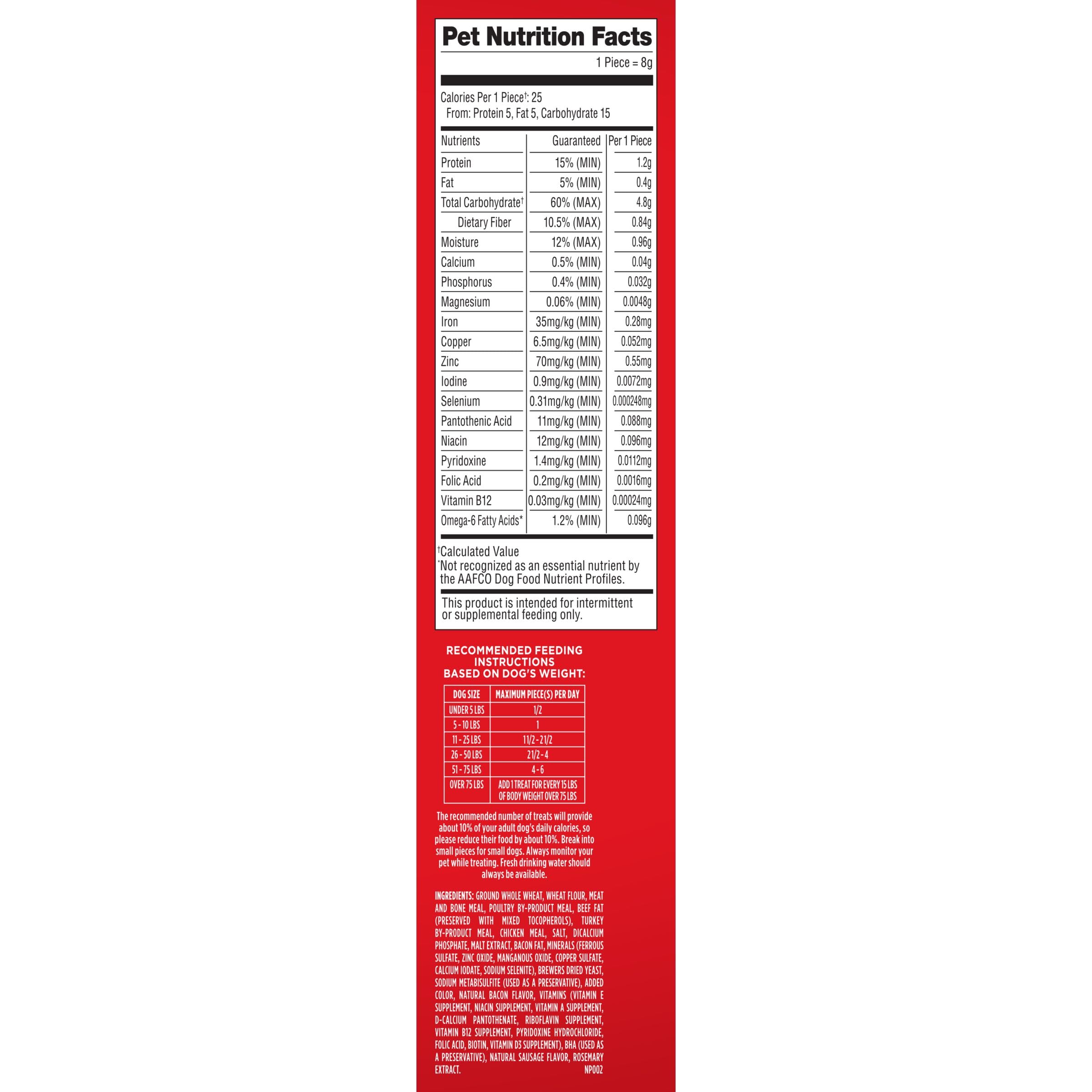 Milk-Bone Flavor Snacks nutrition panel highlights protein and vitamins