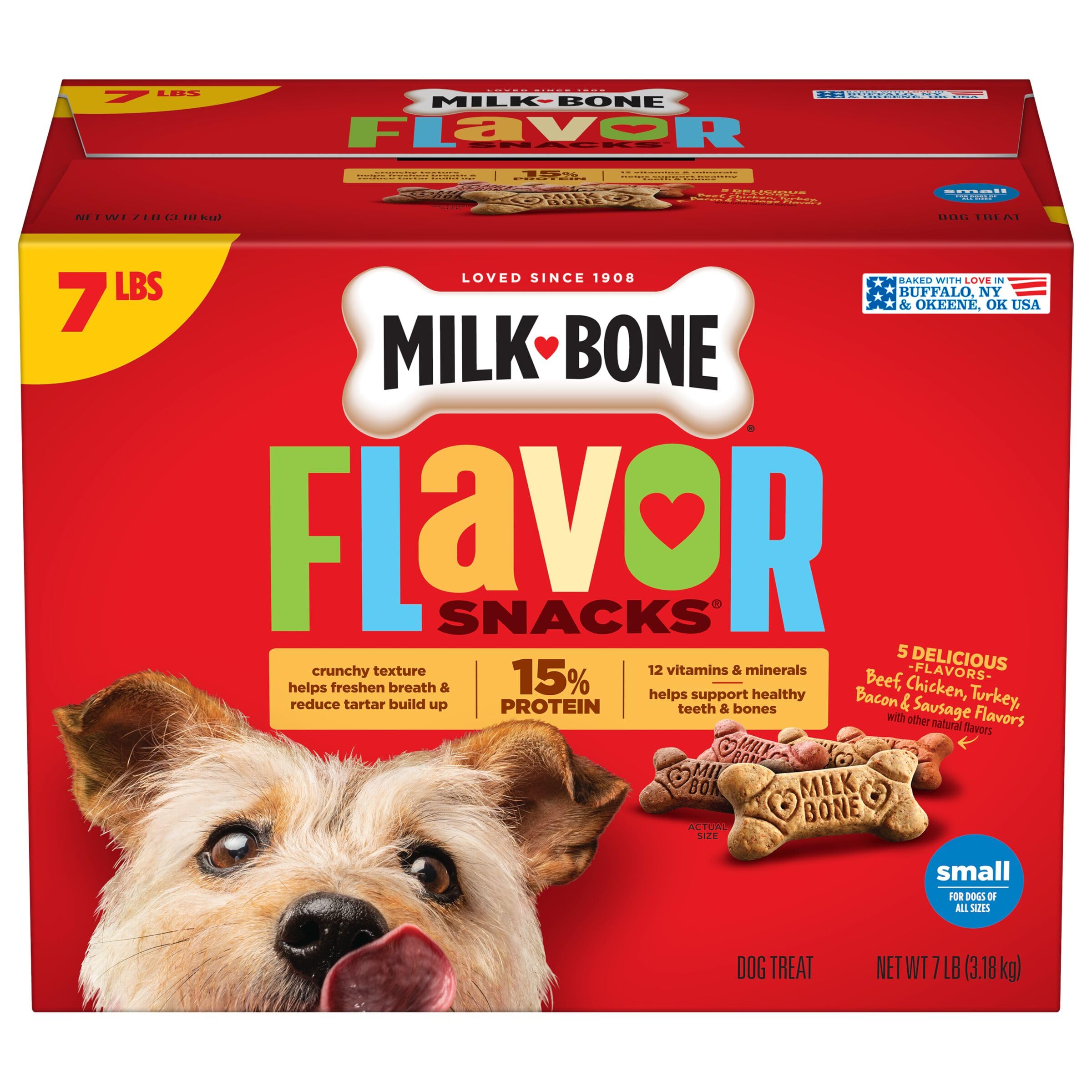 Milk-Bone Flavor Snacks box front showing variety for small dogs, ideal daily rewards