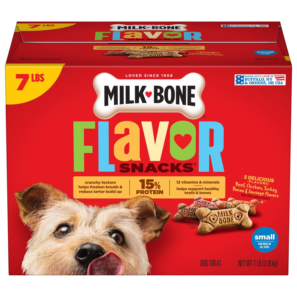 Milk-Bone Flavor Snacks box front showing variety for small dogs, ideal daily rewards
