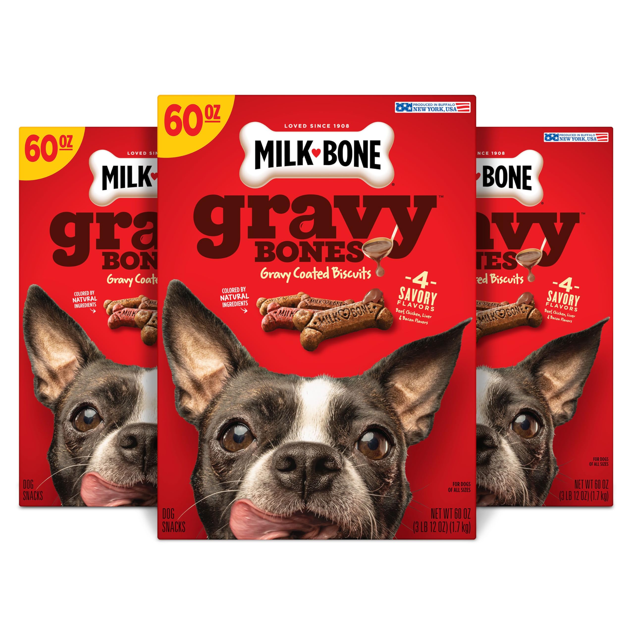 Milk-Bone GravyBones beef-flavored biscuit for daily dental care and tasty chews.