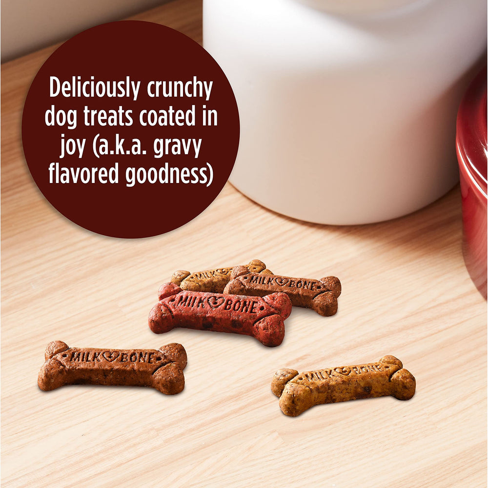 Milk-Bone GravyBones beef flavor biscuits offer savory crunch.