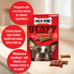 Milk-Bone GravyBones chicken-flavored biscuit supports skin and coat health during treats.