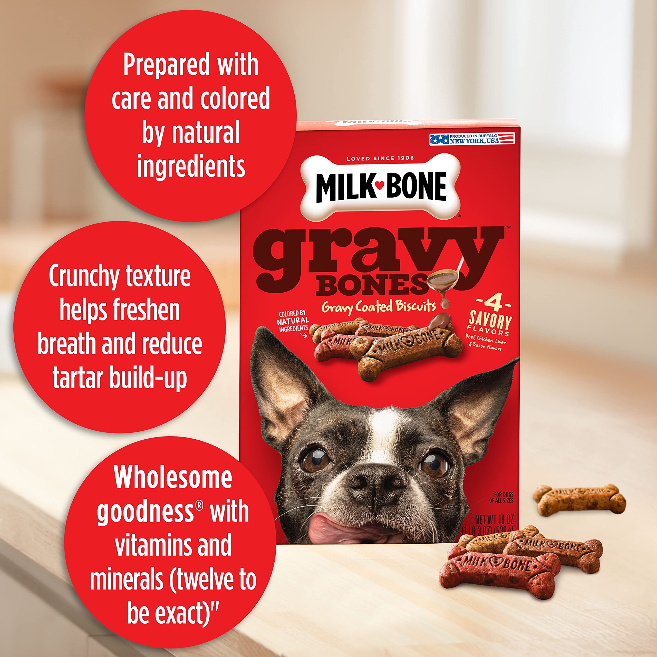 Milk-Bone GravyBones chicken flavor biscuits provide tasty texture and protein.