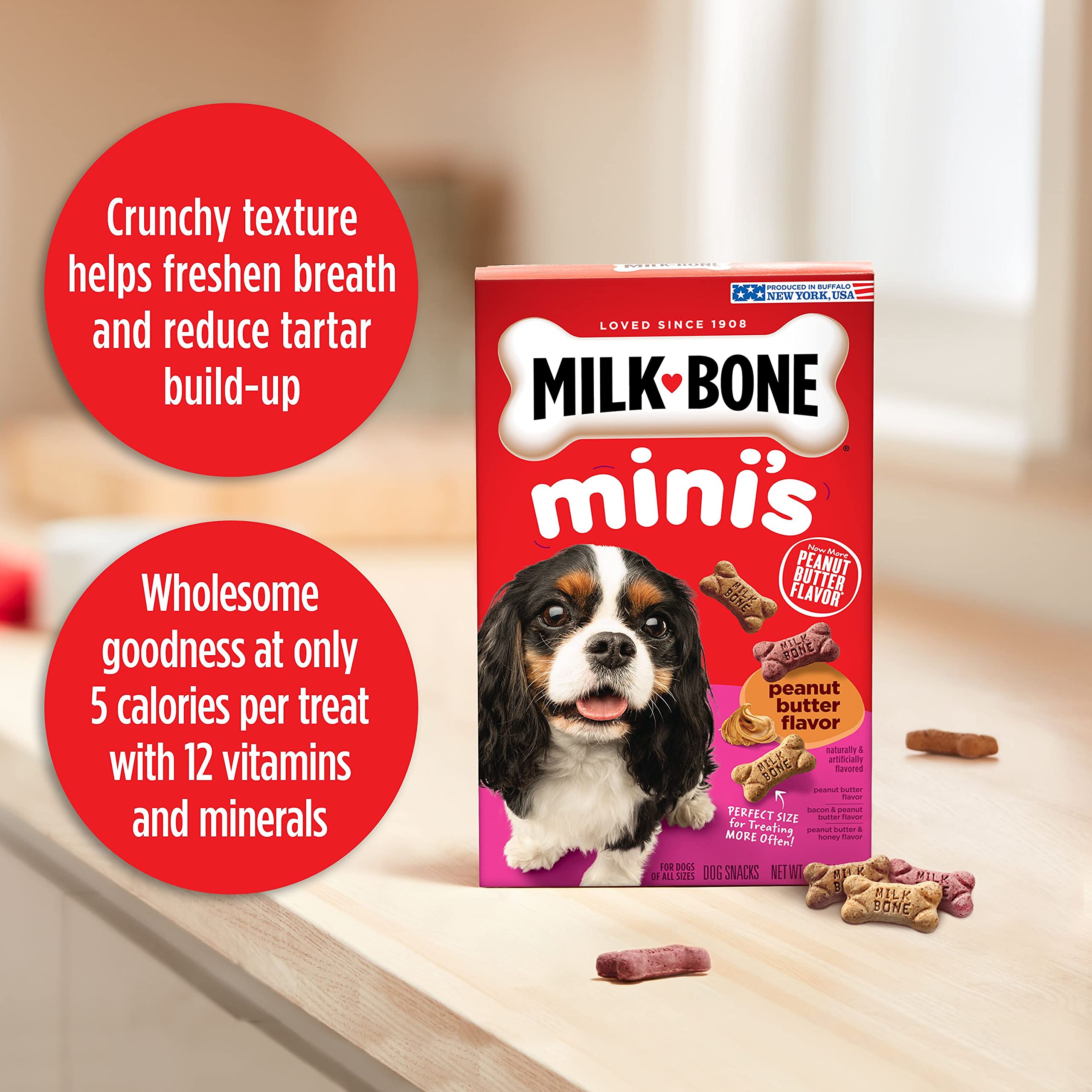 Milk-Bone Minis bone-shaped biscuits arranged in a tray for snacks.
