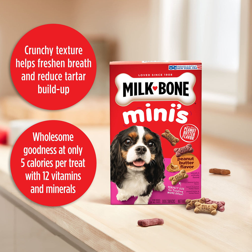 Milk-Bone Minis bone-shaped biscuits arranged in a tray for snacks.