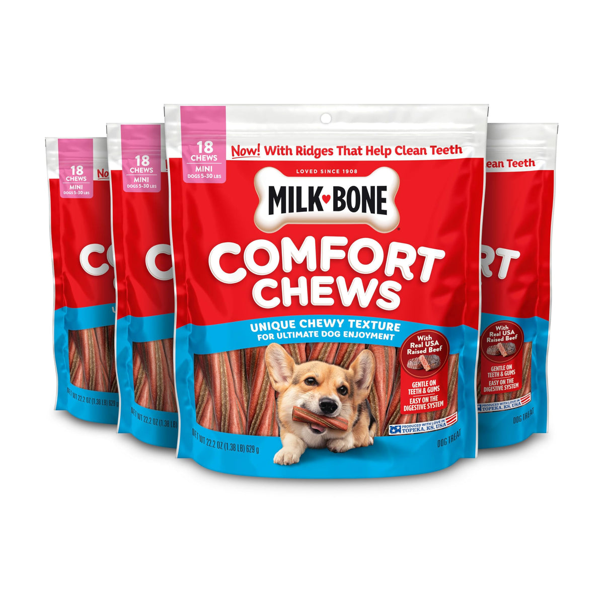 Milk-Bone Mini Comfort Chews pack four bags of 18 chews each for long-lasting enjoyment.
