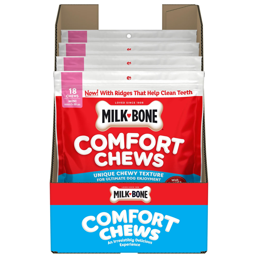 Milk-Bone Mini Comfort Chews rawhide-free label emphasizing safer chew option.