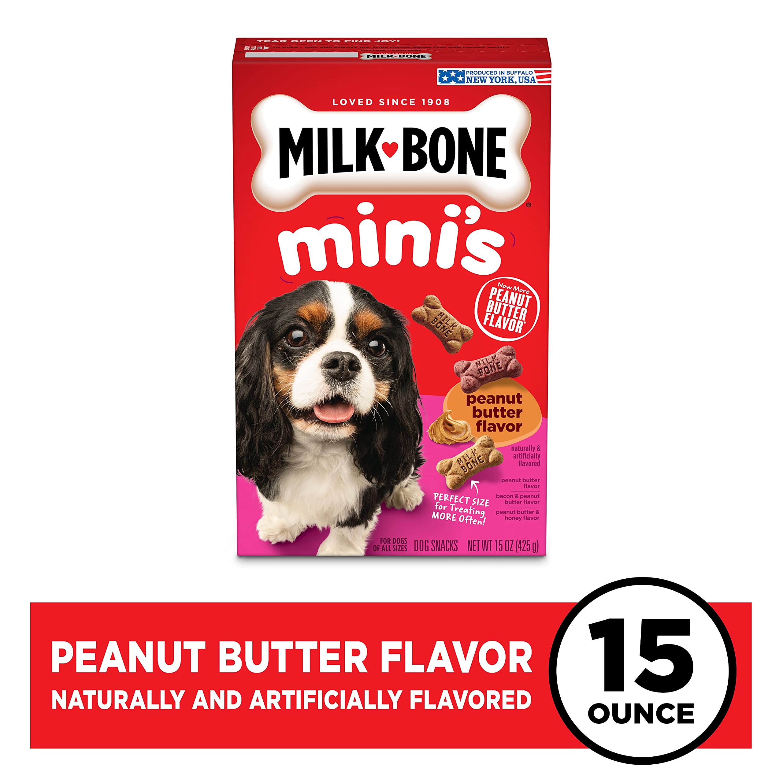 Milk-Bone Mini peanut butter bacon treats, bone-shaped crunch for rewards.