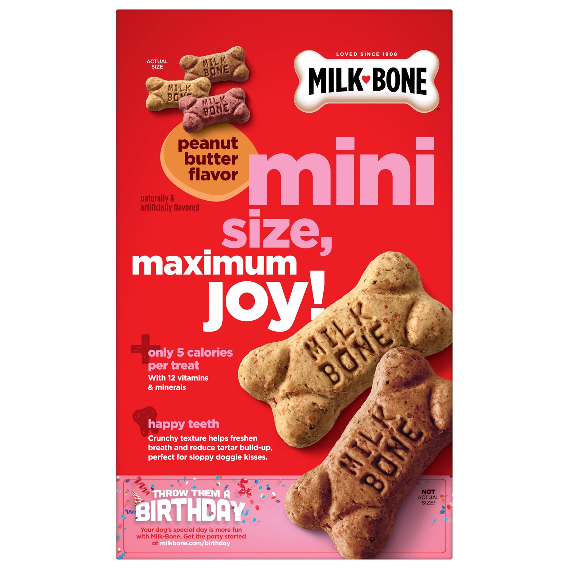 Milk-Bone Mini peanut butter honey treats, tasty three-flavor variety.