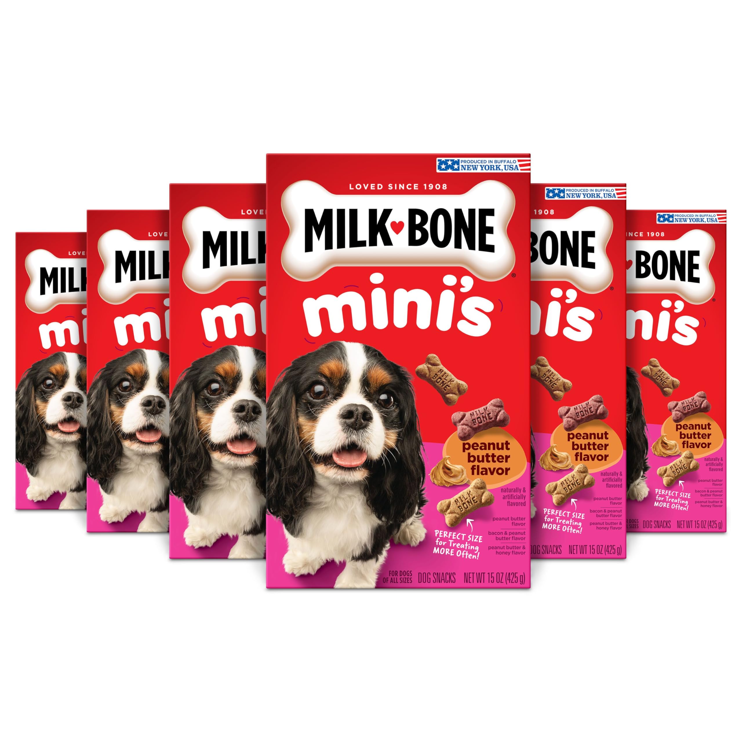 Milk-Bone Mini peanut butter treats in packaging, ideal for daily rewards.