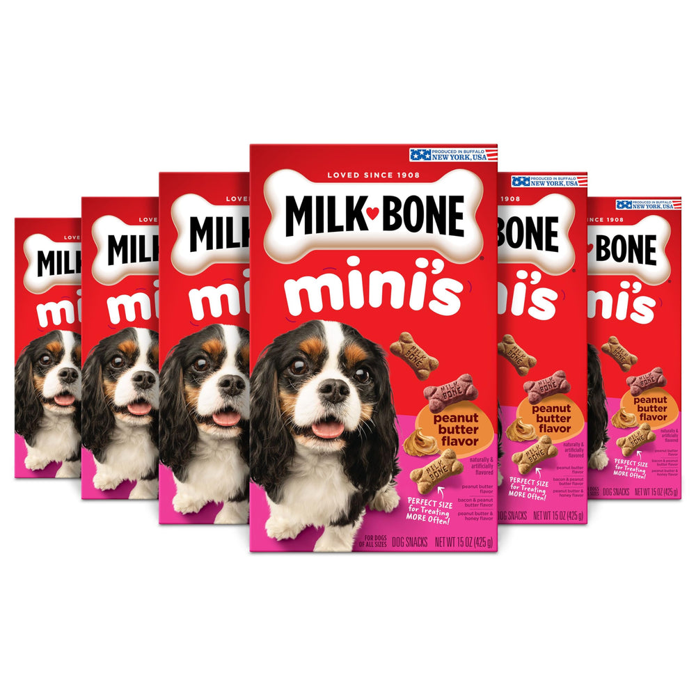 Milk-Bone Mini peanut butter treats in packaging, ideal for daily rewards.