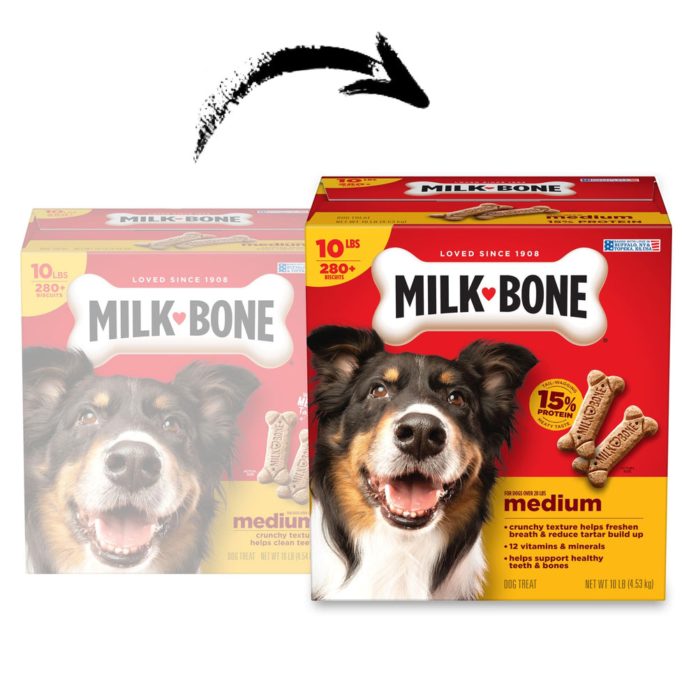 Milk-Bone Original bone-shaped biscuits for medium dogs during chew-time.