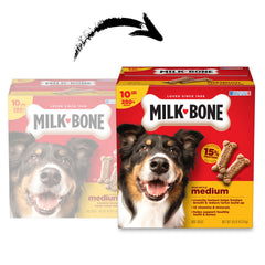 Milk-Bone Original bone-shaped biscuits for medium dogs during chew-time.