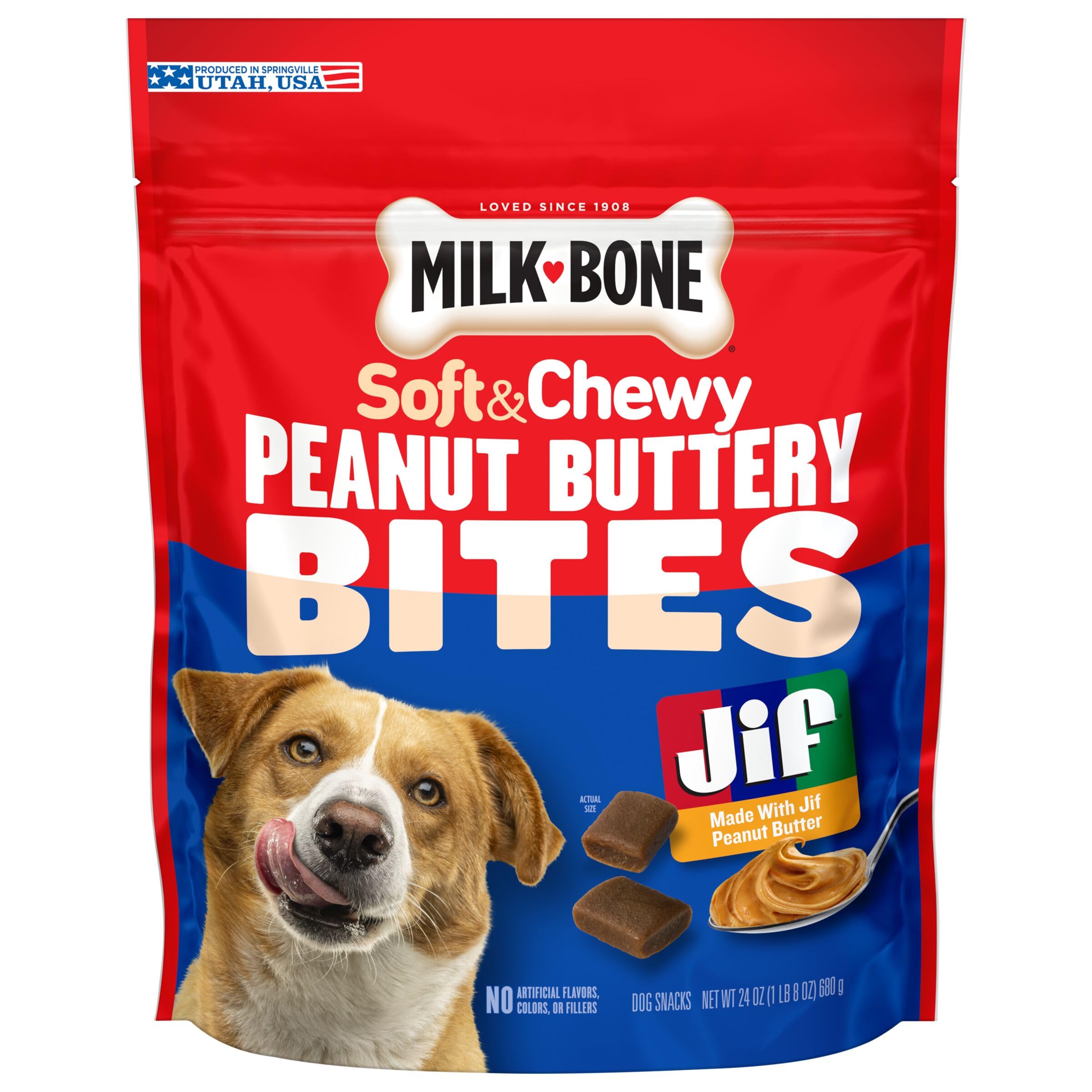 Milk-Bone Peanut Buttery Bites bag front with soft treats and Jif aroma.