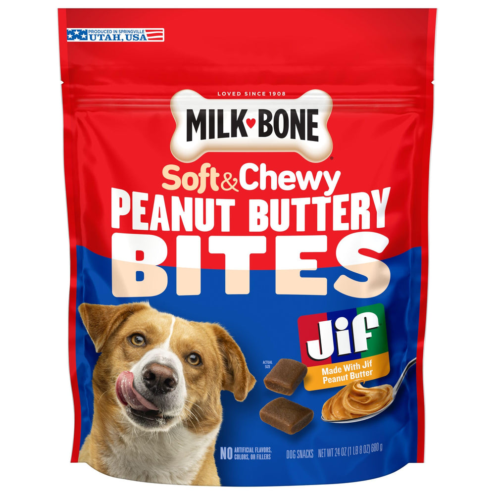 Milk-Bone Peanut Buttery Bites bag front with soft treats and Jif aroma.