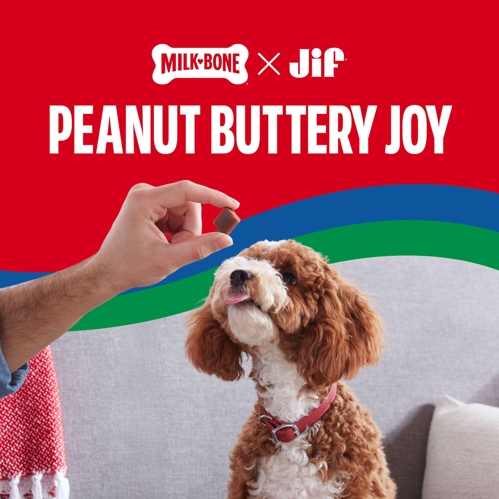Milk-Bone bites label highlighting Jif peanut butter ingredient.
