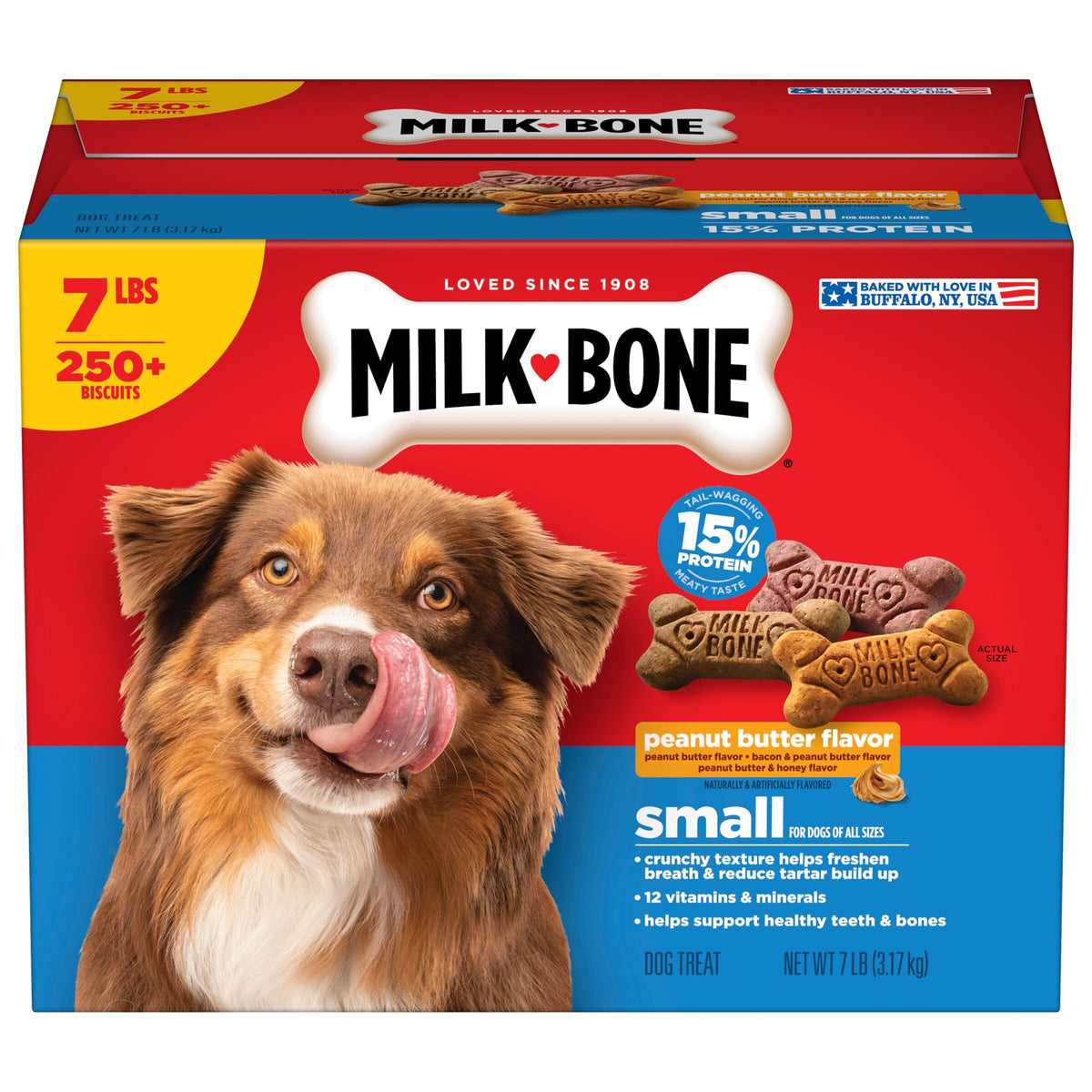 Milk-Bone Peanut Butter Flavor biscuits in packaging, convenient daily treat for dogs