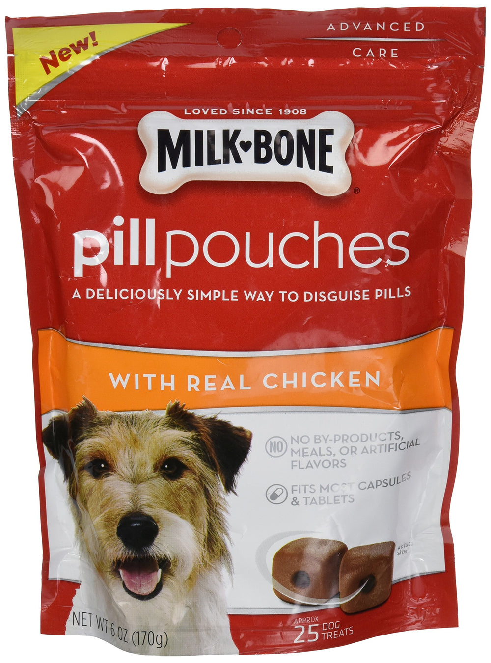 Milk-Bone Pill Pouches chicken-flavor open pouch with pills for easy medication time.