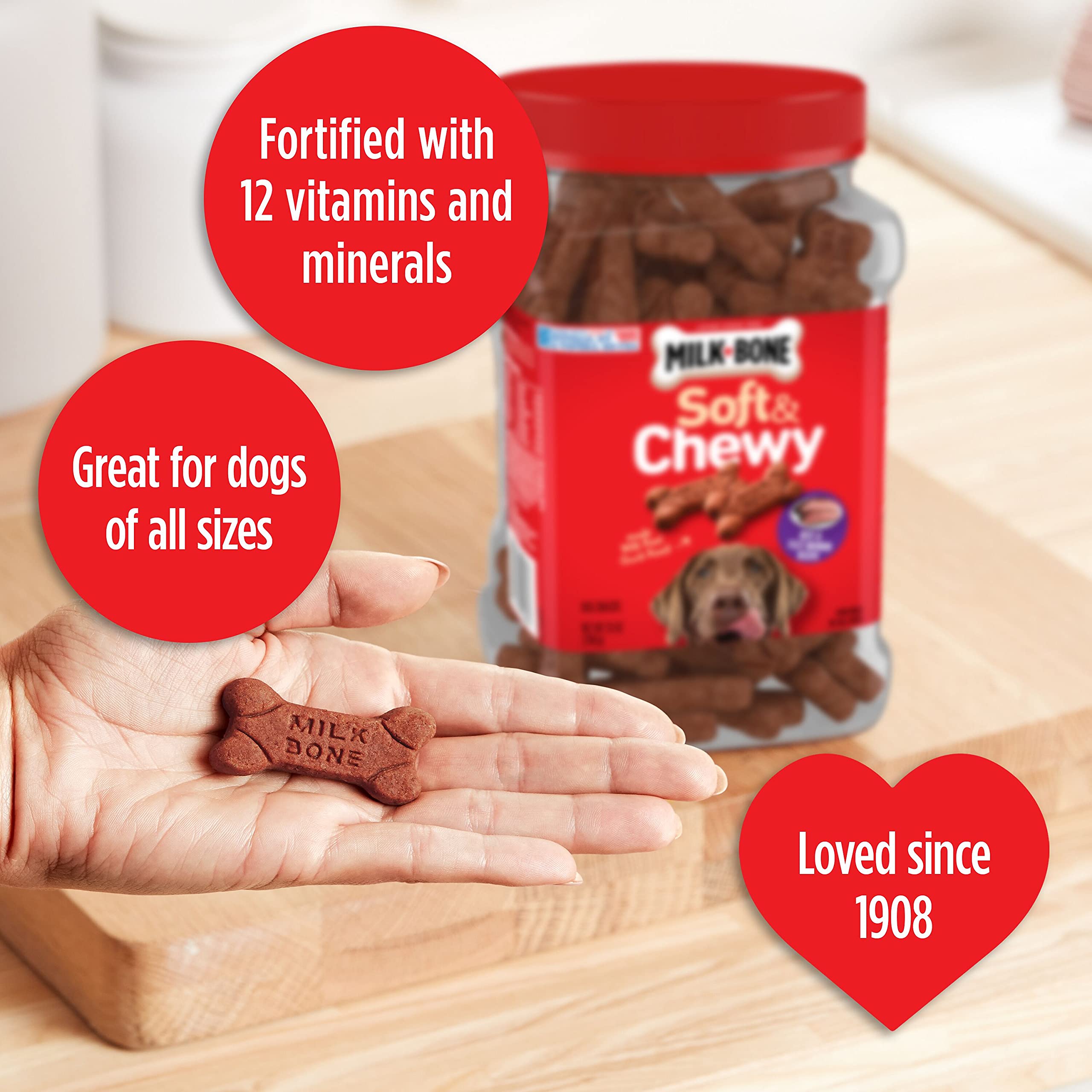 Milk-Bone Soft & Chewy with 12 vitamins and minerals for balanced nutrition.