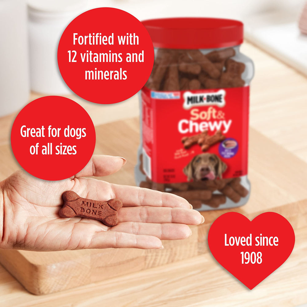 Milk-Bone Soft & Chewy with 12 vitamins and minerals for balanced nutrition.