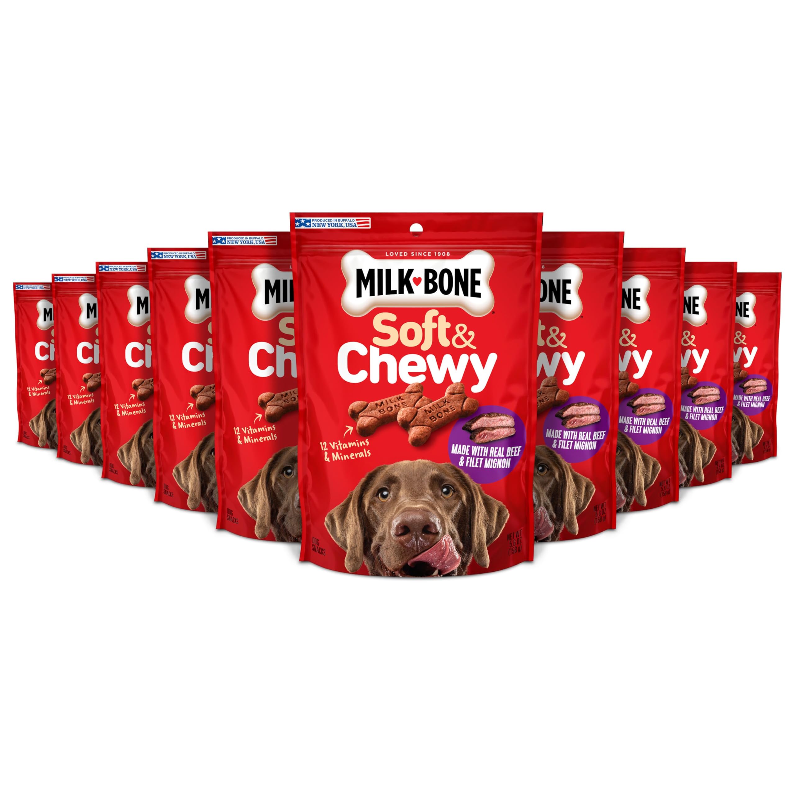Milk-Bone Soft & Chewy Beef Filet Mignon pouch—delicious reward for dogs.