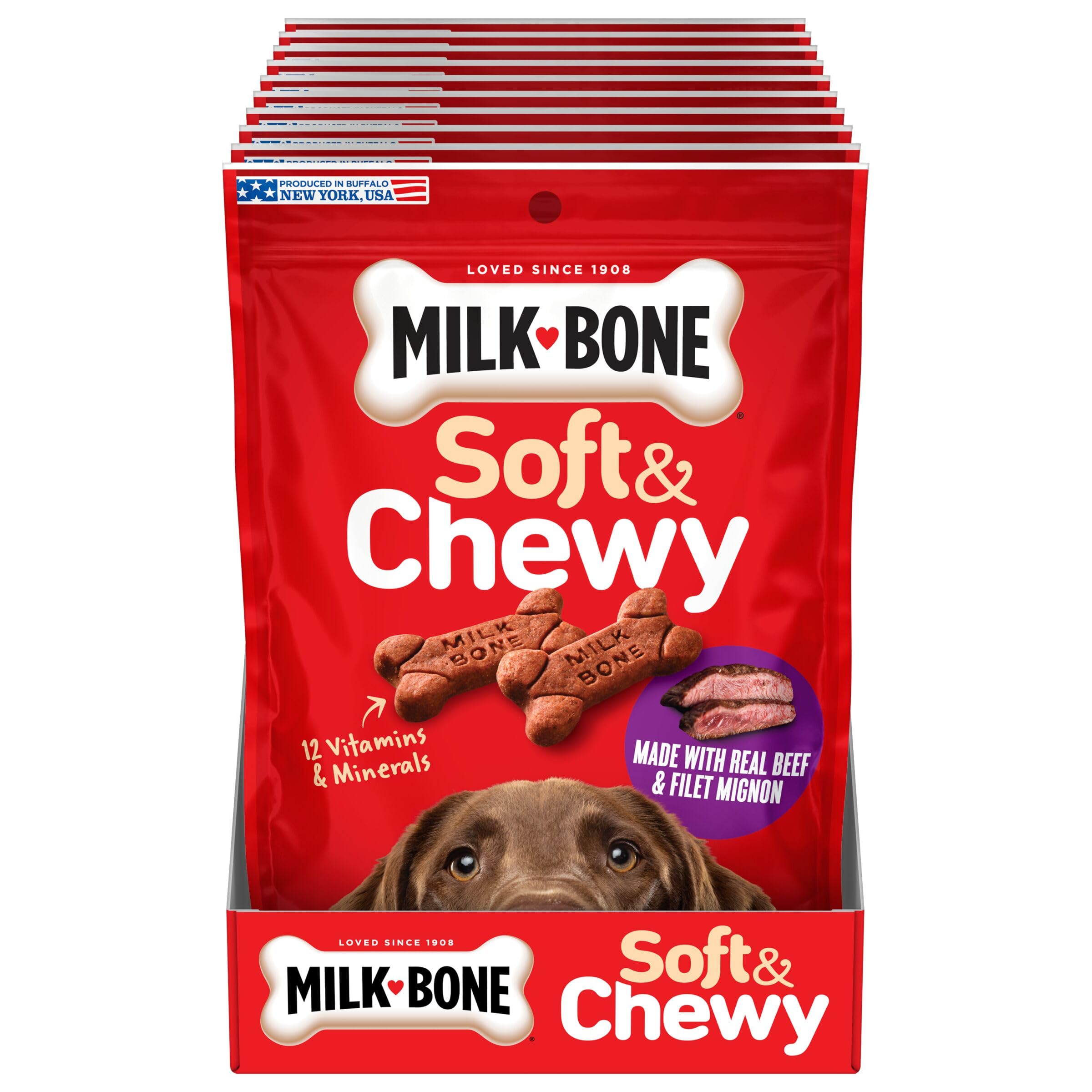 Milk-Bone Soft & Chewy with real beef ingredients for a tasty, protein-rich snack.