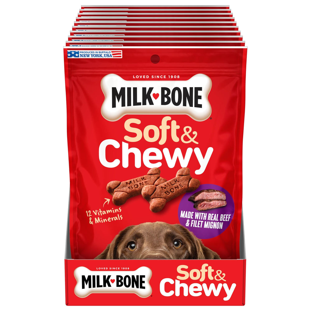 Milk-Bone Soft & Chewy with real beef ingredients for a tasty, protein-rich snack.