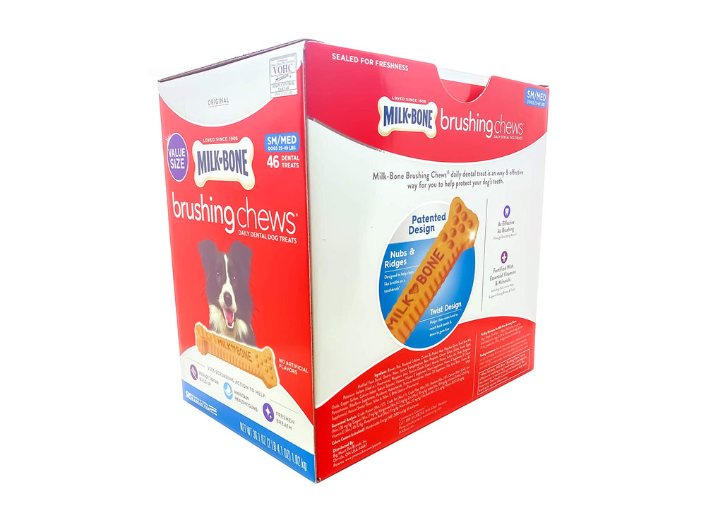 Milk-Bone Brushing Chews include calcium and vitamins for stronger teeth and bones.