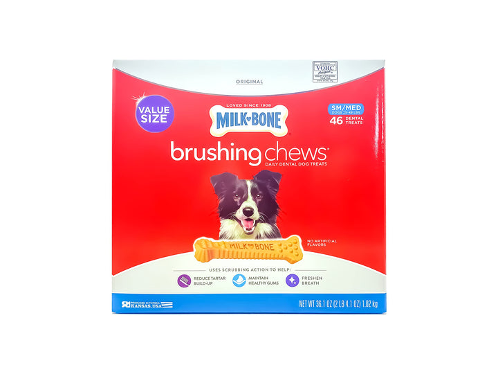 Milk-Bone Brushing Chews twist bone with bristle-like ridges for daily dental cleaning.