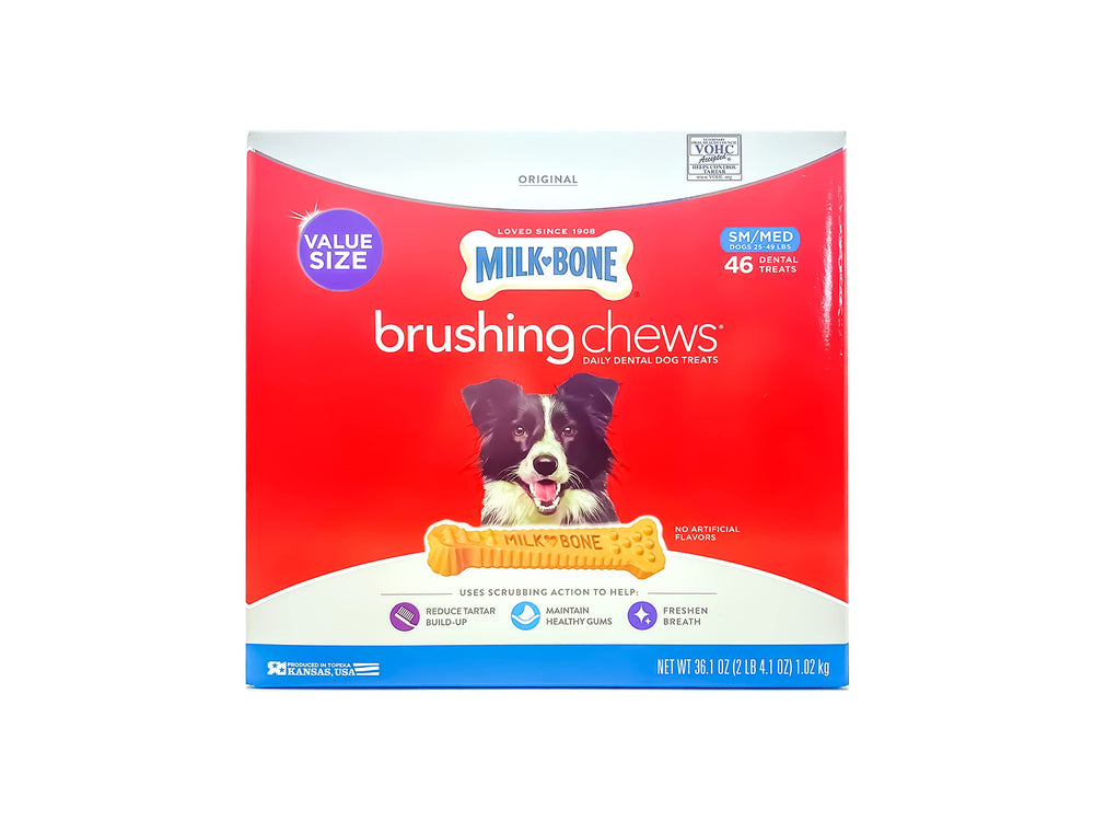 Milk-Bone Brushing Chews twist bone with bristle-like ridges for daily dental cleaning.