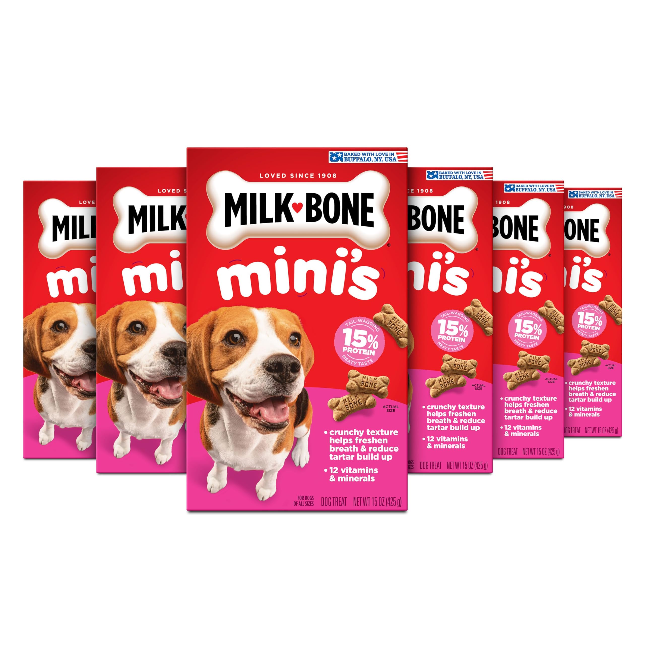 Milk-Bone Minis Original biscuits, pack of 6, front view, ideal daily rewards.