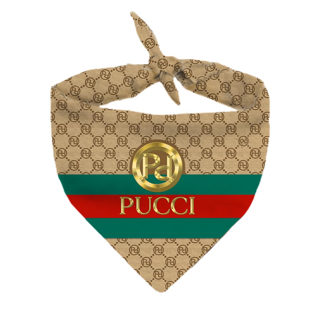 Millionaire Mutt Pucci designer bandana for dogs, photo shoot ready, bright colors boost social media appeal.