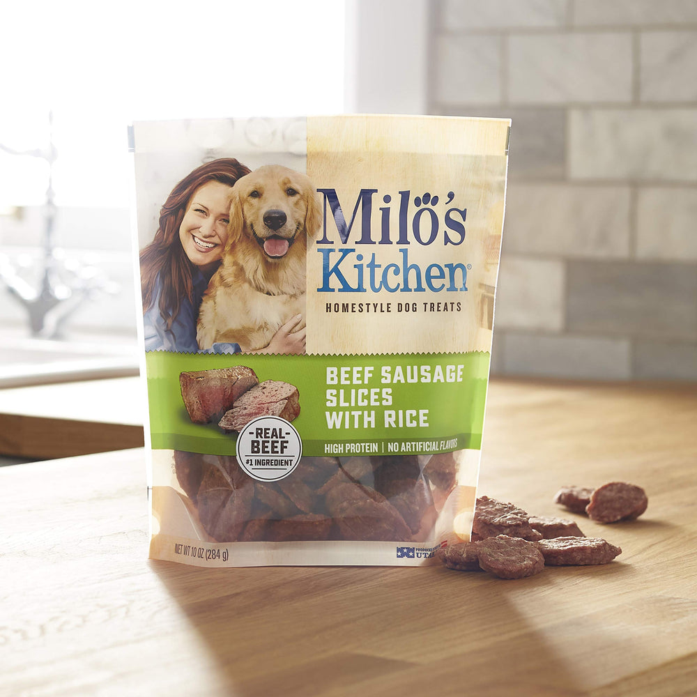 Milo's Kitchen 3 oz bag on countertop, convenient everyday treat