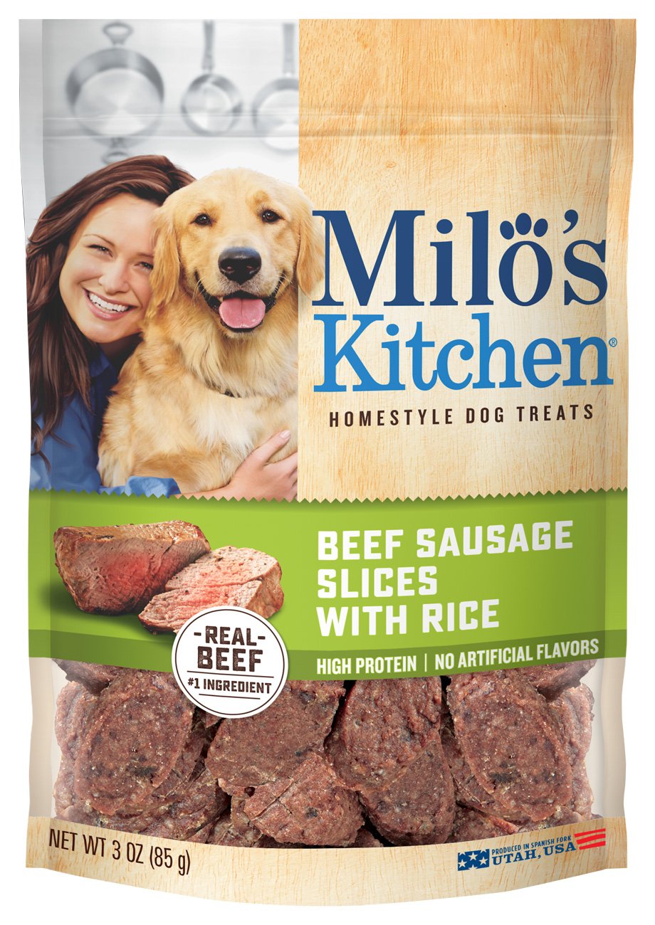 Milo's Kitchen beef sausage slices with rice close-up, savory flavor dogs love
