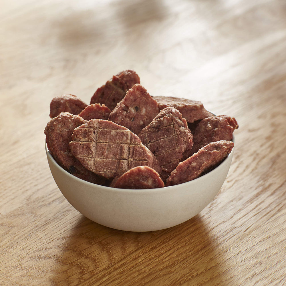 Milo's Kitchen beef sausage slices with rice packaging front, 12 slices per bag