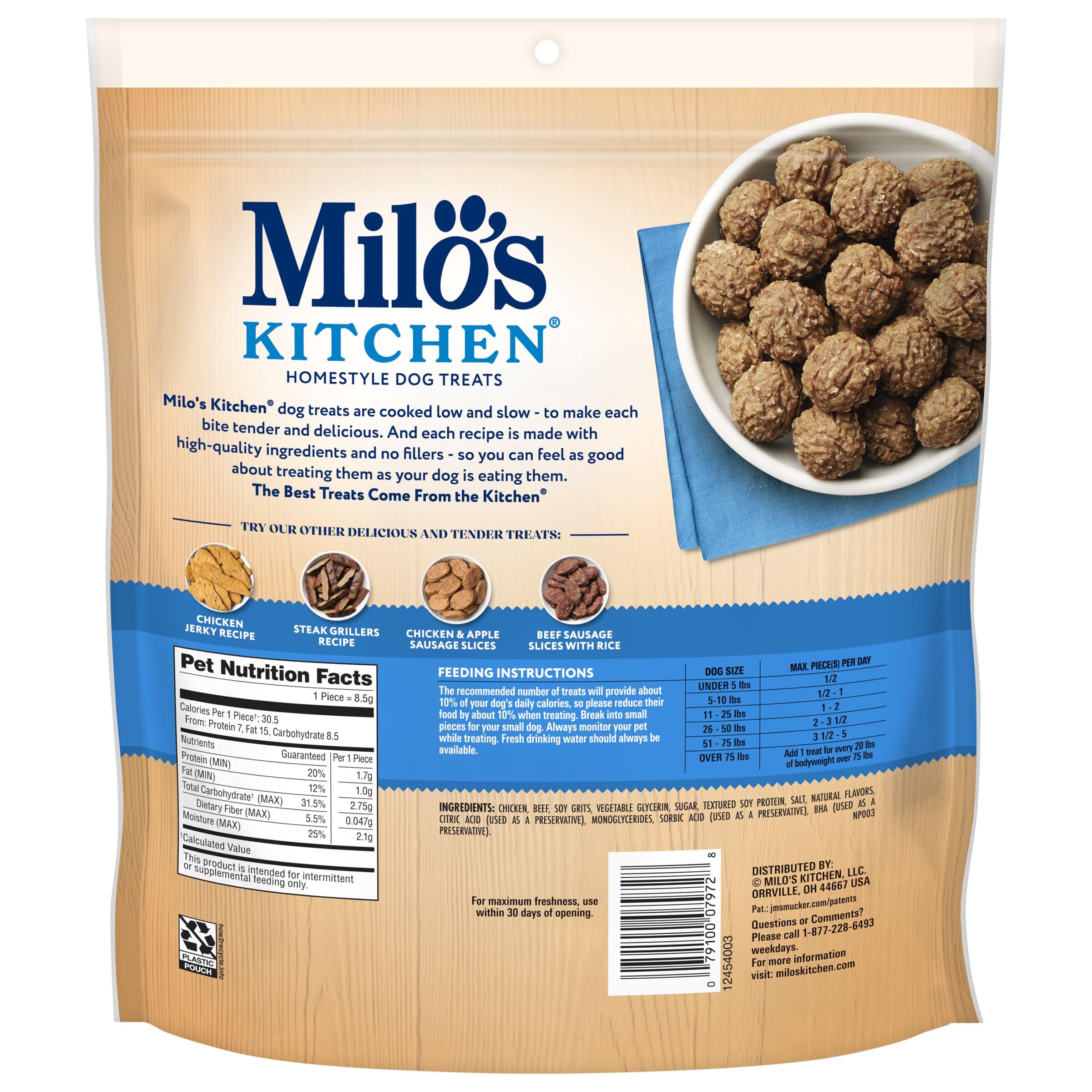 Milo's Kitchen Chicken Meatballs—no artificial flavors or fillers.
