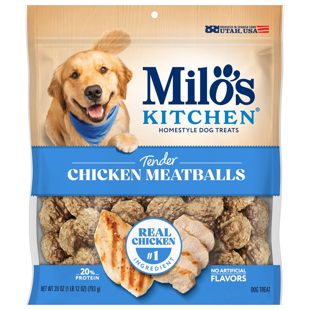 Milo's Kitchen Chicken Meatballs produced in USA for freshness.